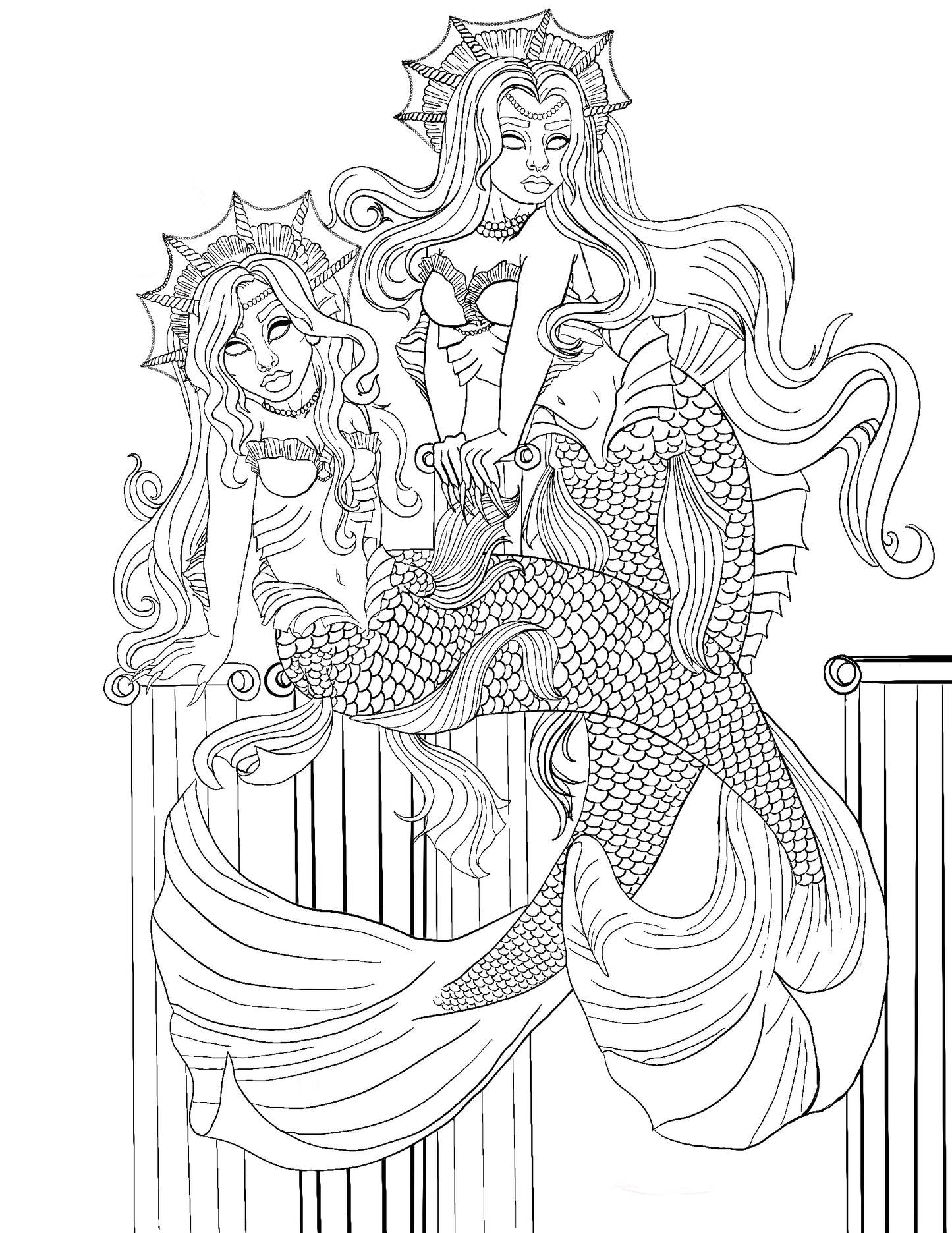 Mermaid Duo Godesses Coloring Page