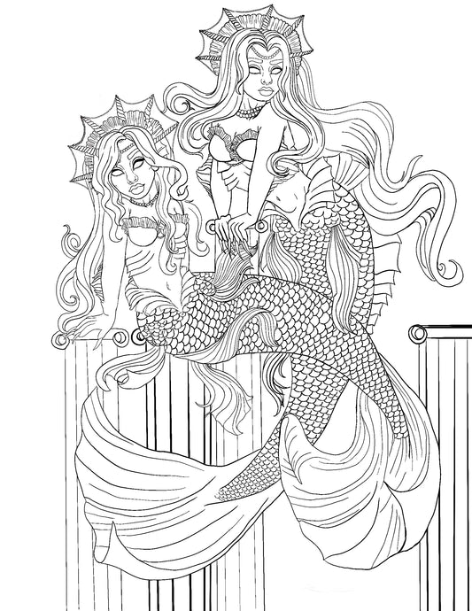 Mermaid Duo Godesses Coloring Page